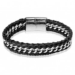 BRACELET POUR HOMME ACIER ET CUIR NOIR TRESSÉ BIKER LARGE 12mm 22CM