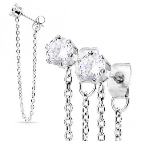 PAIRE BOUCLES D'OREILLES POUR HOMME ADO TIGE FERMOIR ACIER RONDE ZIRCON DIAMS SWAROVSKI BLANC 5mm NEUF