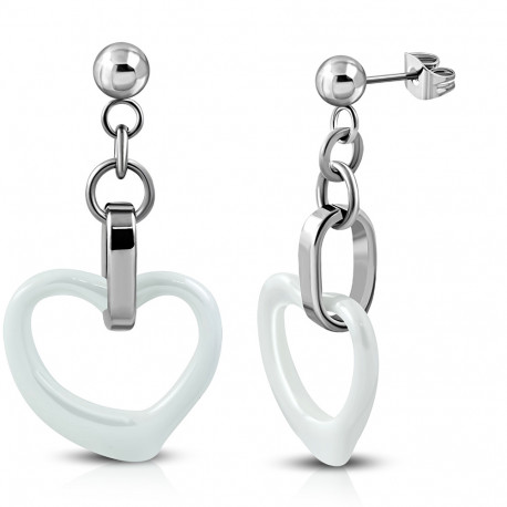 Boucles d'oreilles femme acier pendant coeur en céramique blanche