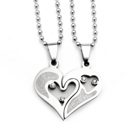 Pendentifs coeur se séparant en 2 homme femme acier et 2 chaines