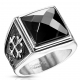 Bague chevalière homme acier pierre onyx noire fleur de lys gothique